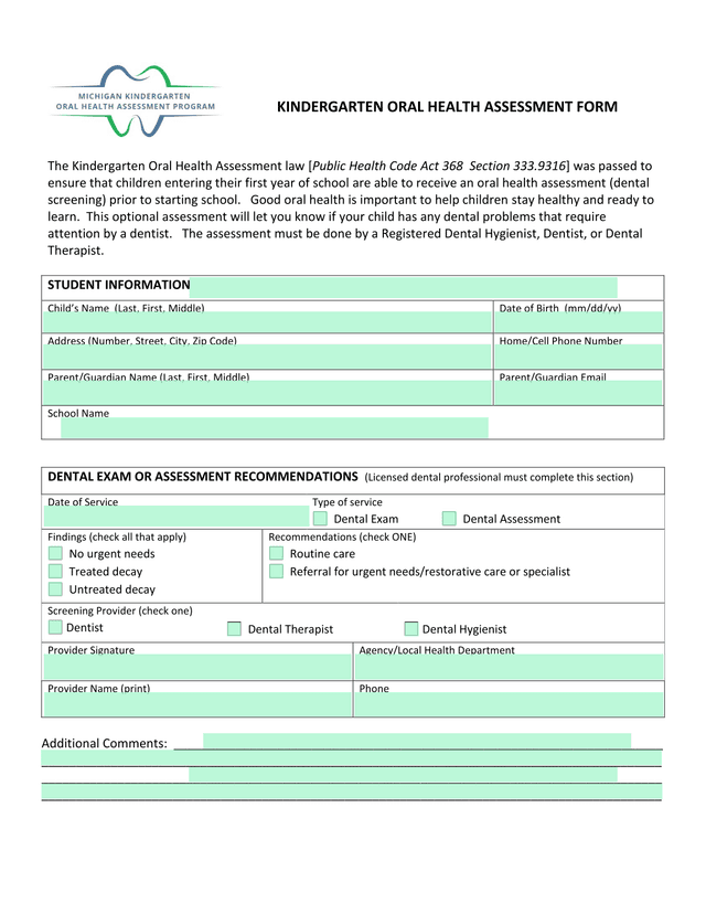 Kindergarten Oral Health Assessment Form screenshot