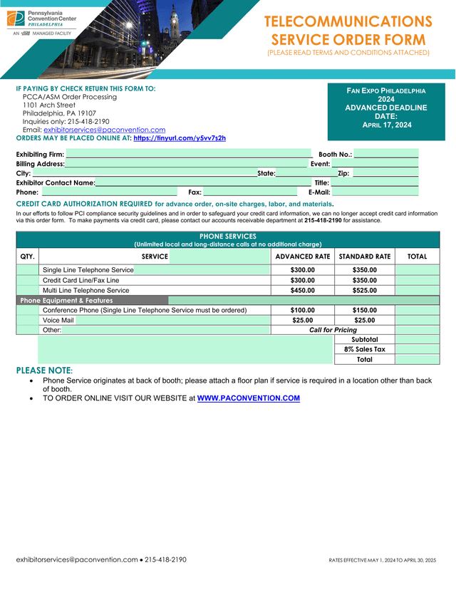 Fan Expo Philadelphia 2024 Exhibitor Services Order Form screenshot
