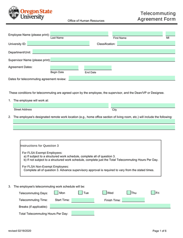 Telecommuting Agreement Form screenshot
