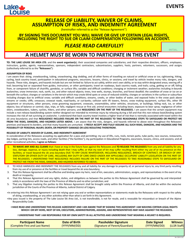 Ski Area Release Agreement screenshot