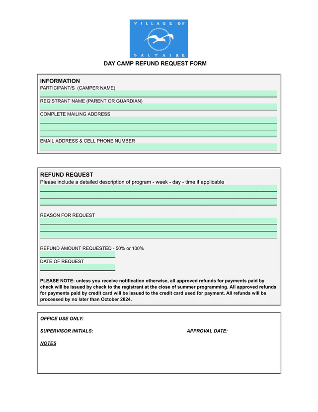 Day Camp Refund Request Form screenshot