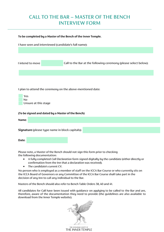 CALL TO THE BAR  MASTER OF THE BENCH INTERVIEW FORM screenshot