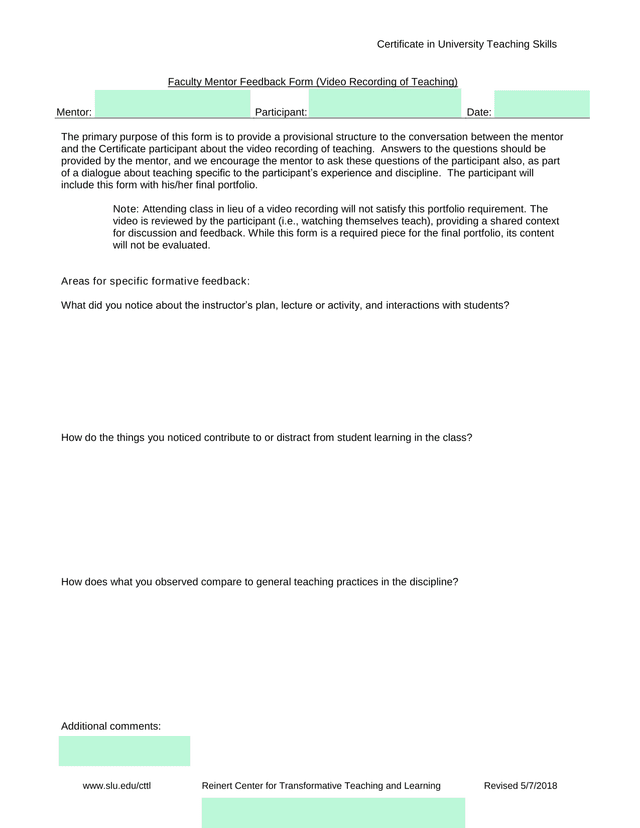 Faculty Mentor Feedback Form (Video Recording Of Teaching) screenshot