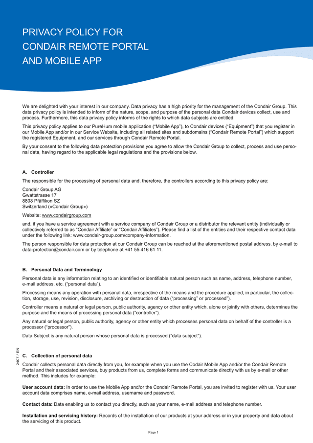 Condair Group Data Privacy Policy screenshot