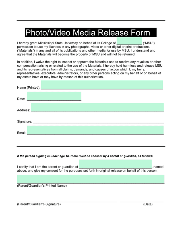 PhotoVideo Media Release Form screenshot