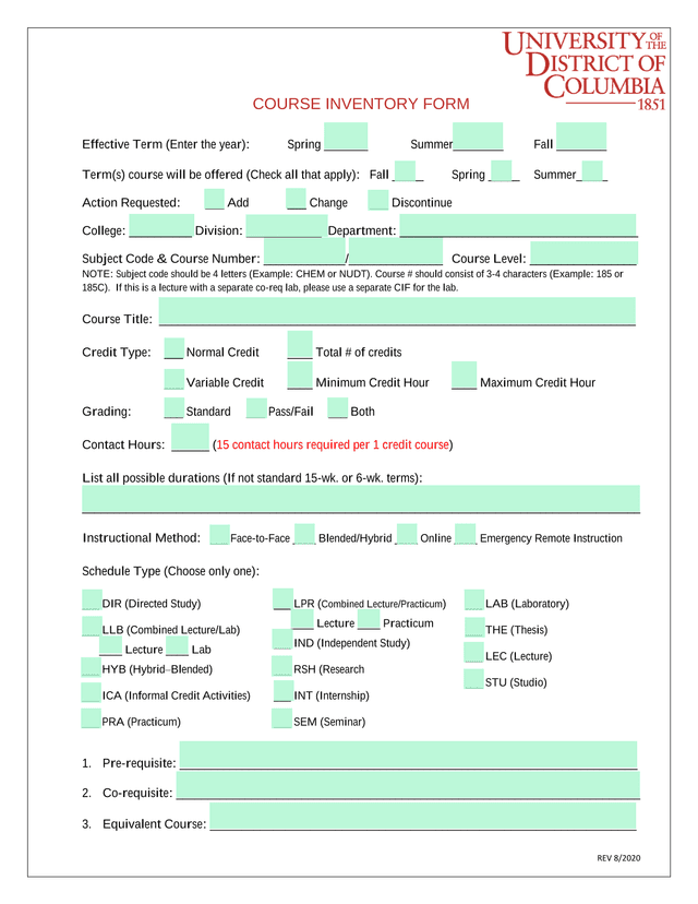 Course Inventory Form screenshot