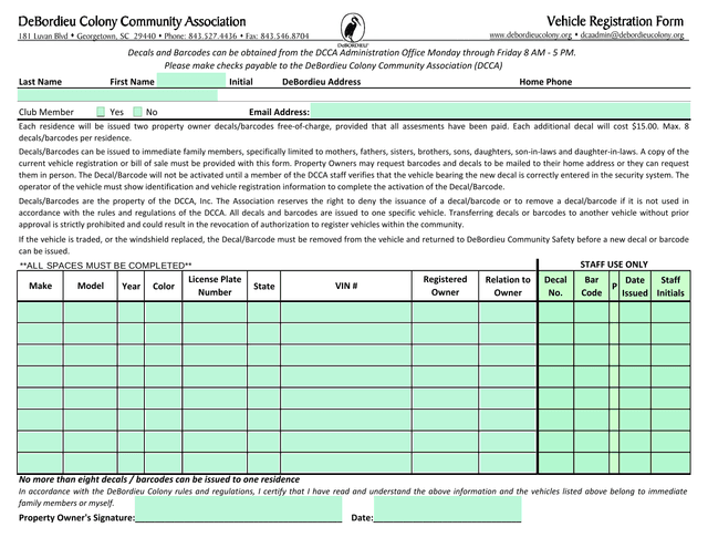 DeBordieu Colony Community Association Vehicle DecalBarcode Registration Form screenshot