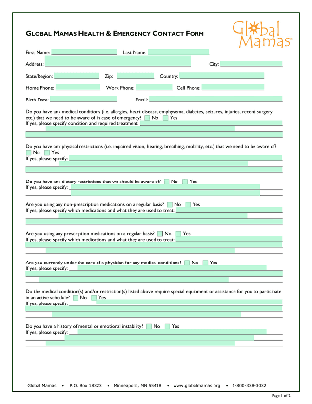 Global Mamas Health  Emergency Contact Form screenshot