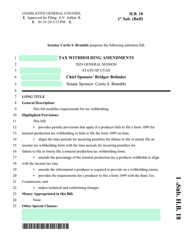 1st Sub. H.B. 18   Tax Withholding Amendments screenshot