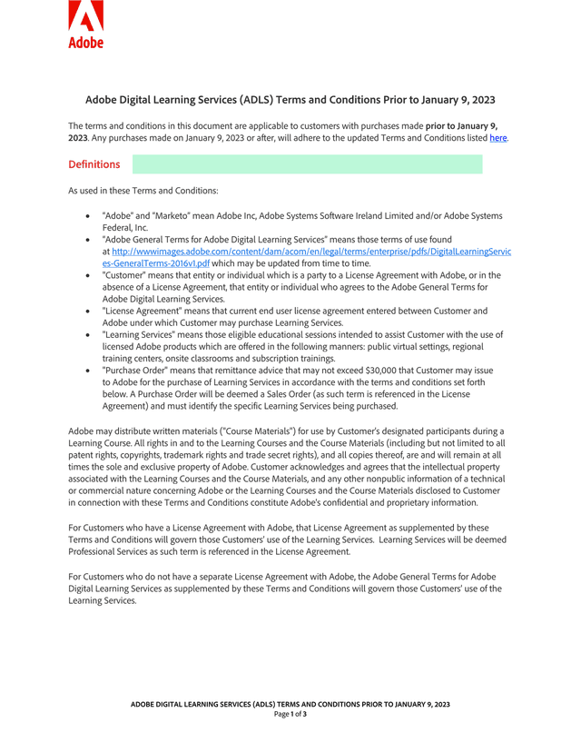 Adobe Digital Learning Services (ADLS) Terms And Conditions Prior To January 9, 2023 screenshot
