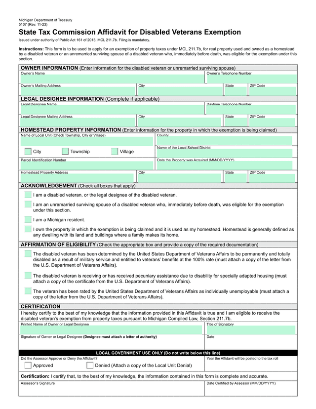 State Tax Commission Affidavit For Disabled Veterans Exemption screenshot