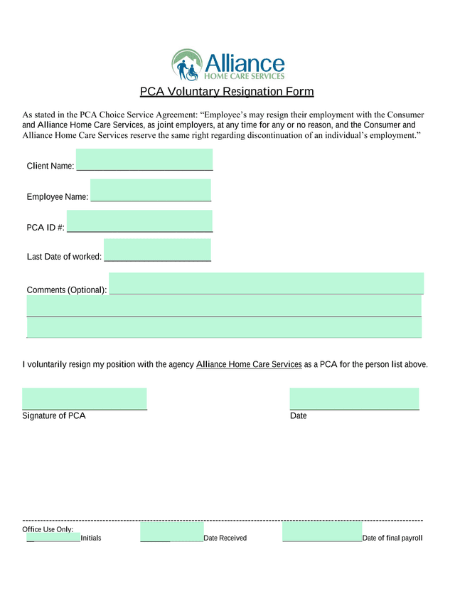 PCA Voluntary Resignation Form screenshot