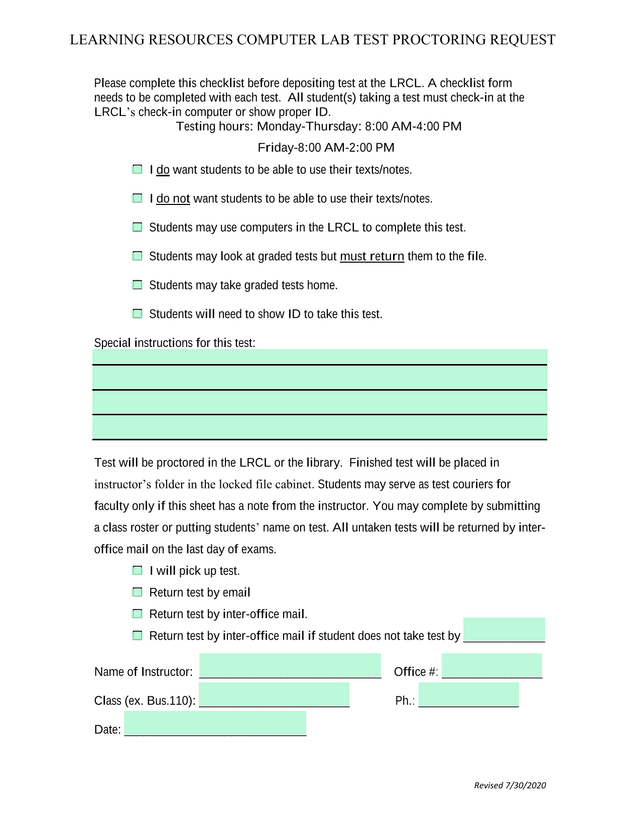 LEARNING RESOURCES COMPUTER LAB TEST PROCTORING REQUEST screenshot