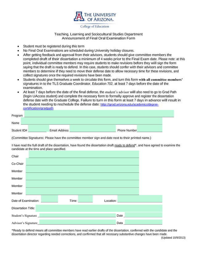Announcement Of Final Oral Examination Form screenshot