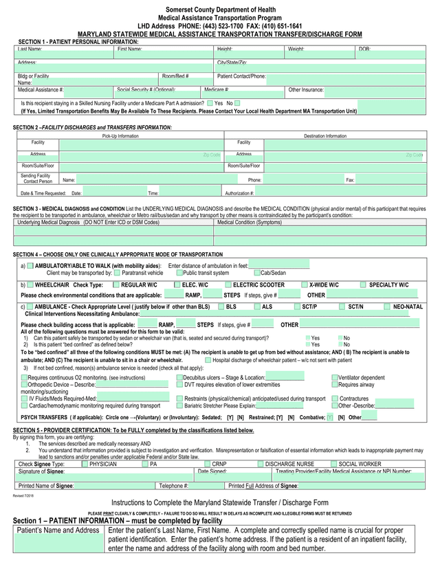 Maryland Statewide Medical Assistance Transportation TransferDischarge Form screenshot