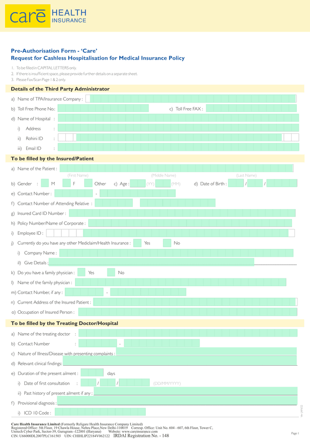 Pre Authorisation Form   Care screenshot