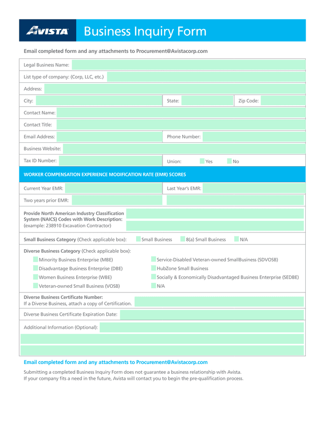 Business Inquiry Form screenshot