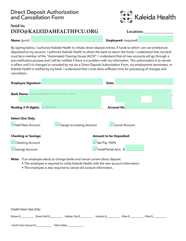 Direct Deposit Authorization And Cancellation Form screenshot