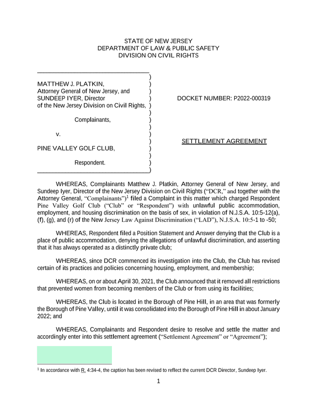 Settlement Agreement State Of New Jersey V. Pine Valley Golf Club screenshot