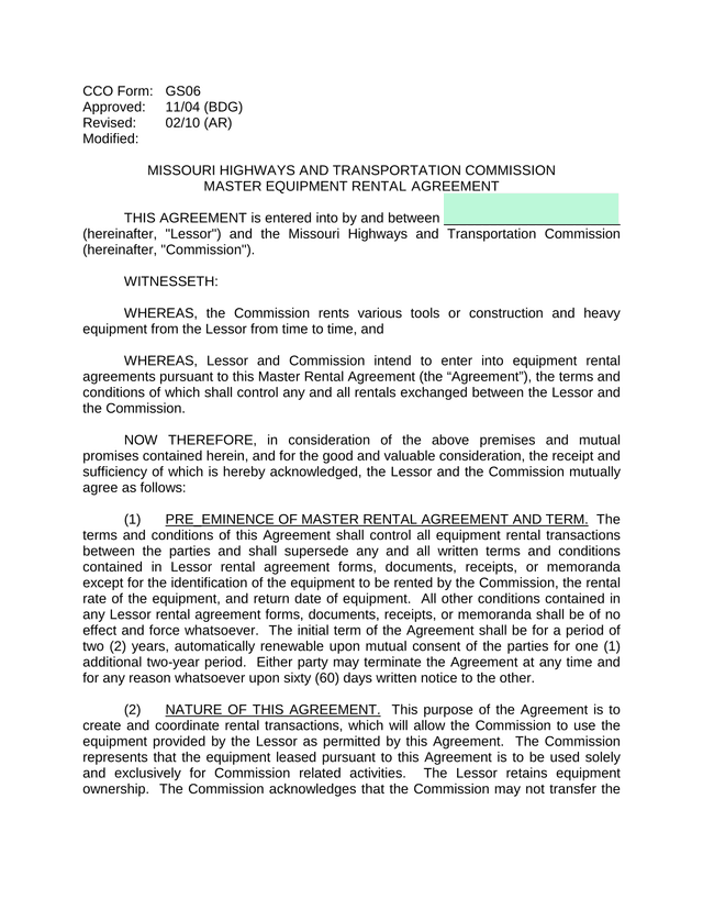 Master Equipment Rental Agreement screenshot