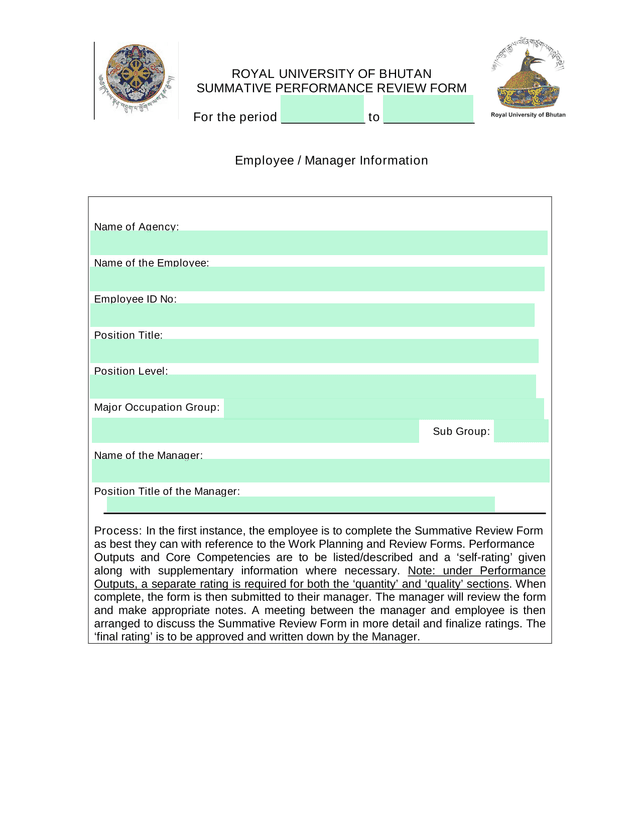 ROYAL UNIVERSITY OF BHUTAN SUMMATIVE PERFORMANCE REVIEW FORM screenshot