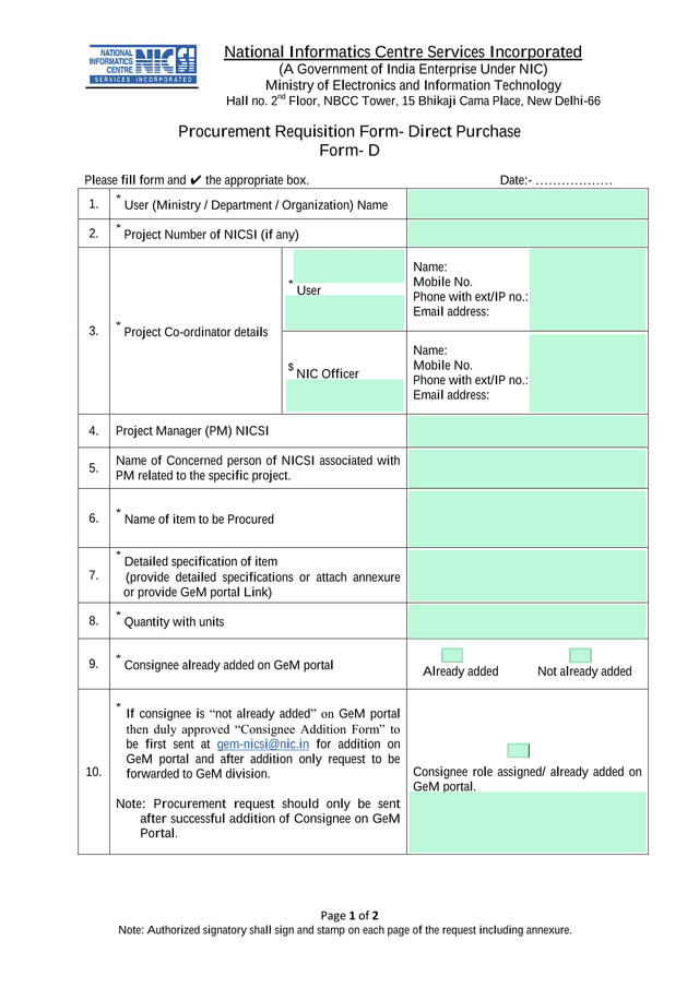Procurement Requisition Form  Direct Purchase (Form  D) screenshot