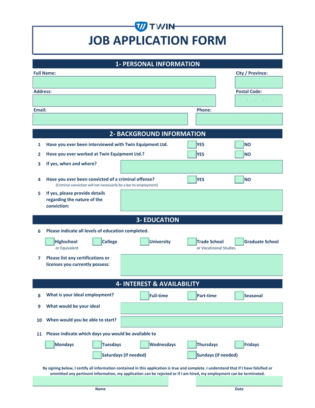 Job Application Form screenshot