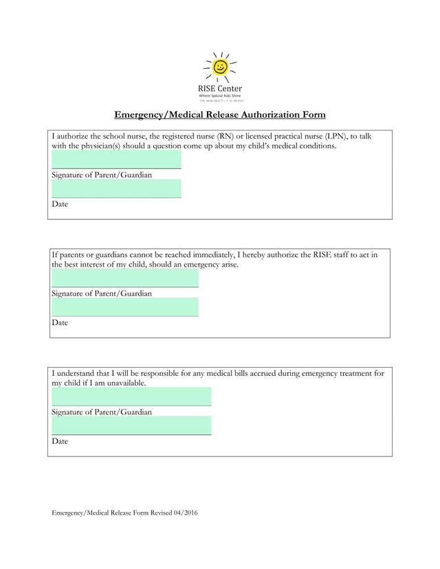 EmergencyMedical Release Authorization Form screenshot