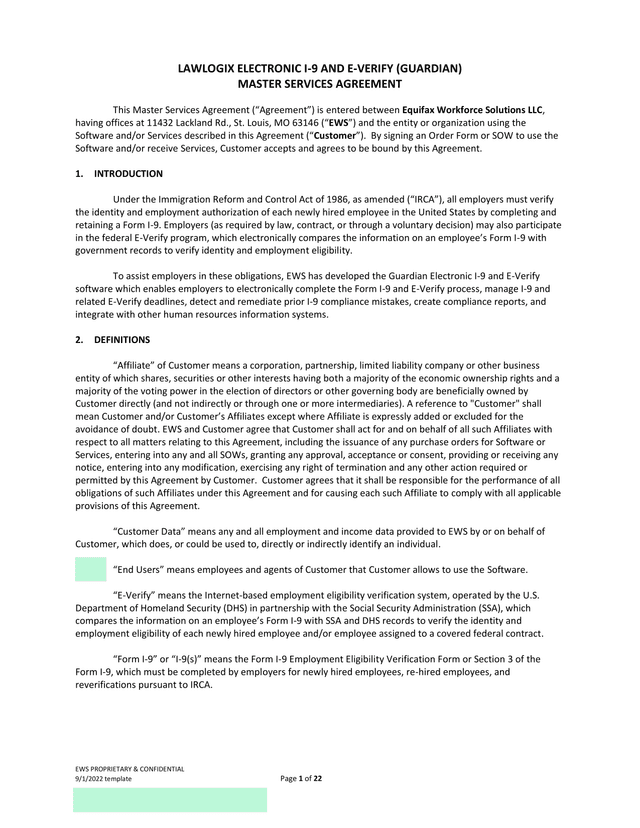 LAWLOGIX ELECTRONIC I 9 AND E VERIFY (GUARDIAN) MASTER SERVICES AGREEMENT screenshot