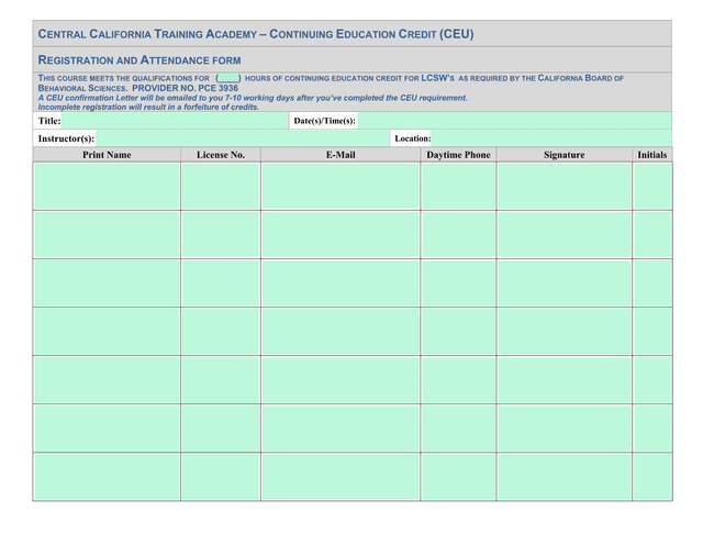 CENTRAL CALIFORNIA TRAINING ACADEMY  CONTINUING EDUCATION CREDIT (CEU) REGISTRATION AND ATTENDANCE F screenshot
