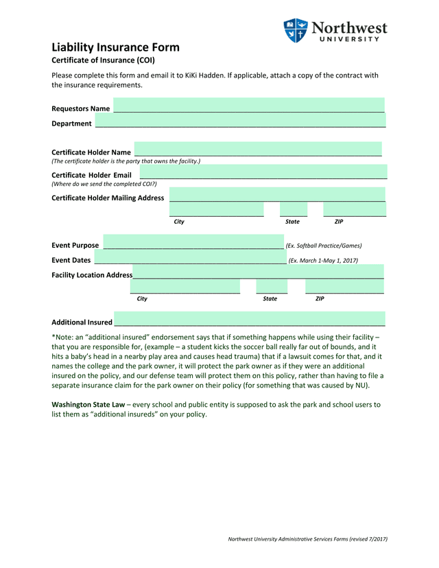 Liability Insurance Form screenshot