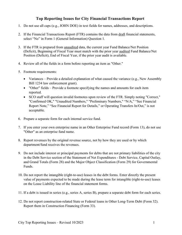 Top Reporting Issues For City Financial Transactions Report screenshot