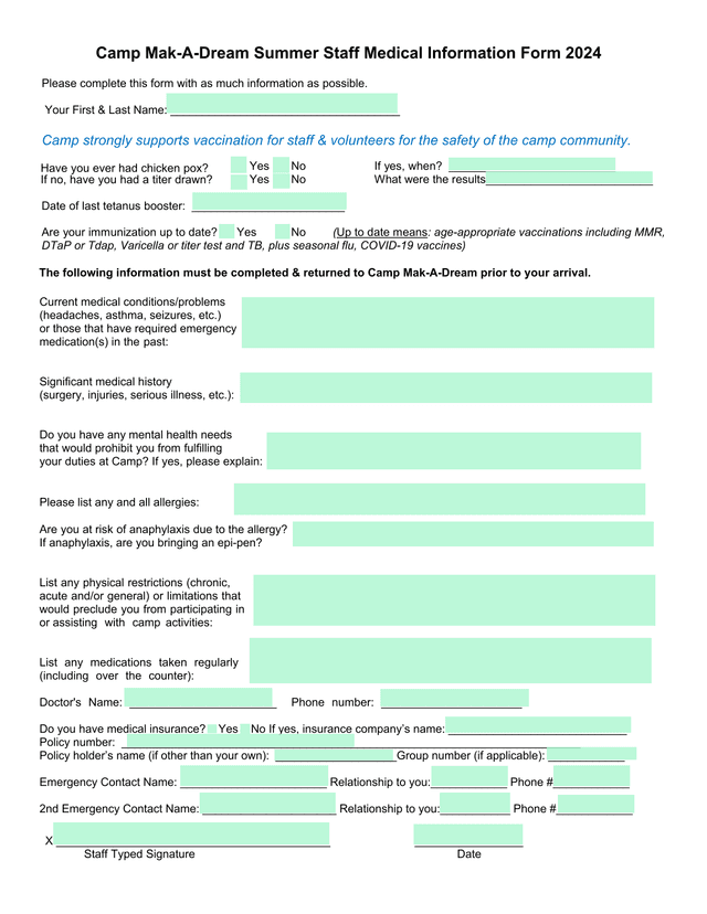 Camp Mak A Dream Summer Staff Medical Information Form 2024 screenshot