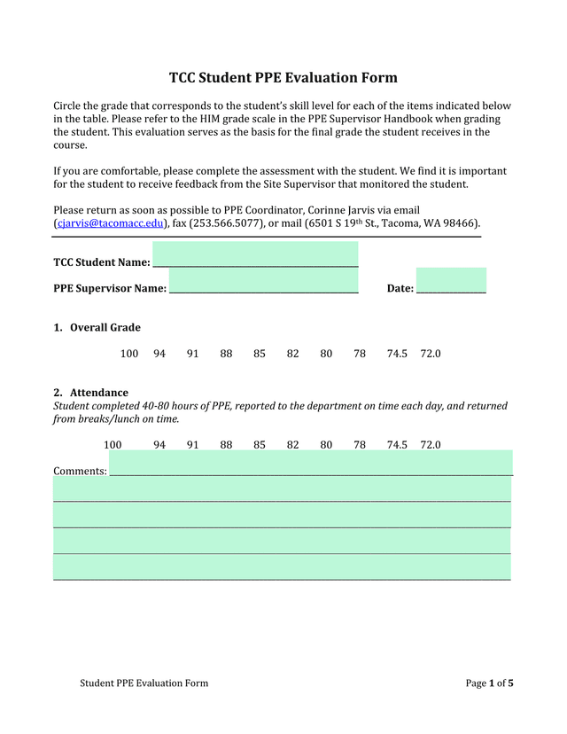 TCC Student PPE Evaluation Form screenshot