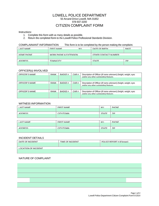 Lowell Police Department Citizen Complaint Form screenshot