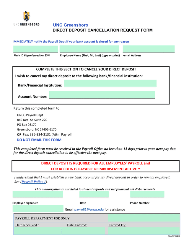 DIRECT DEPOSIT CANCELLATION REQUEST FORM screenshot