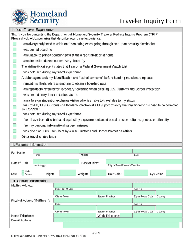 Traveler Inquiry Form screenshot