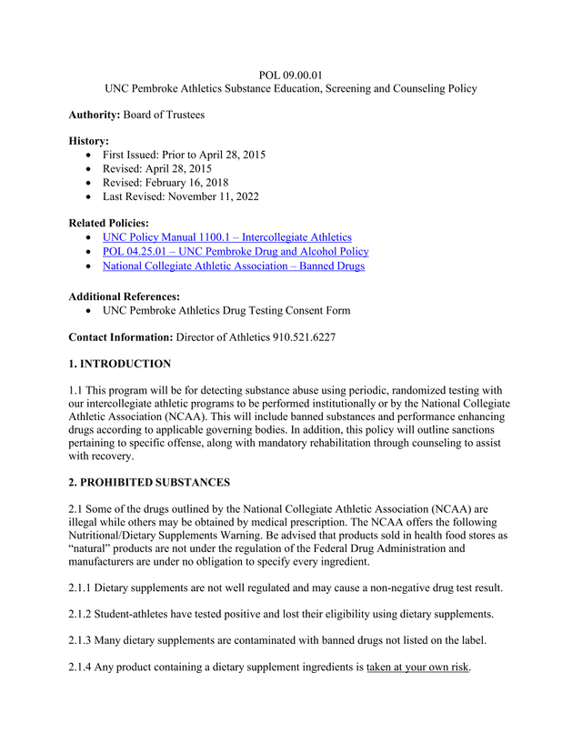 POL 09.00.01 UNC Pembroke Athletics Substance Education, Screening And Counseling Policy screenshot