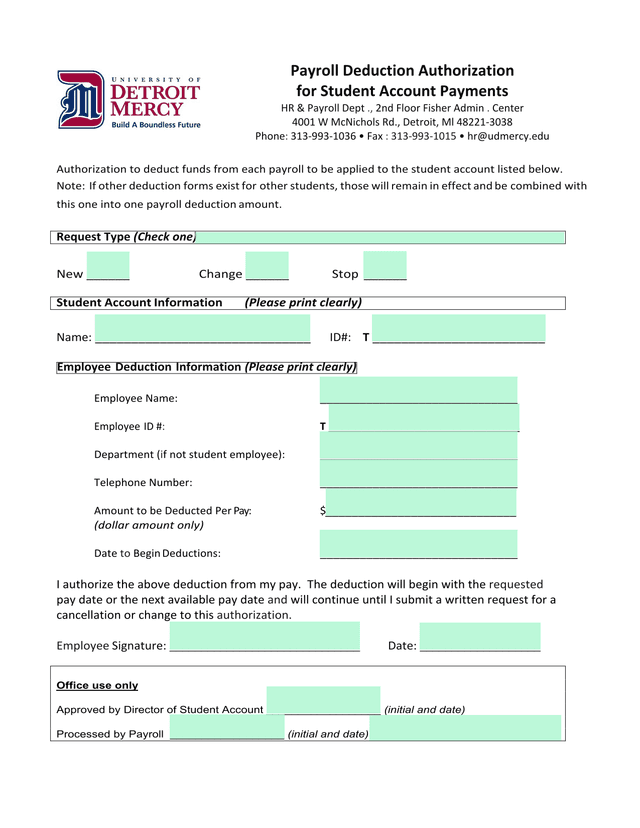 Payroll Deduction Authorization For Student Account Payments screenshot