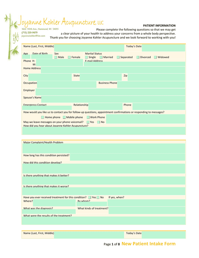 New Patient Intake Form screenshot