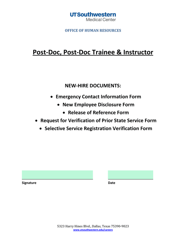 Post Doc, Post Doc Trainee  Instructor New Hire Documents screenshot