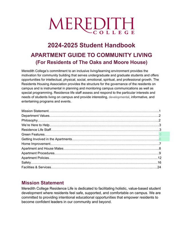 2024 2025 Student Handbook APARTMENT GUIDE TO COMMUNITY LIVING screenshot