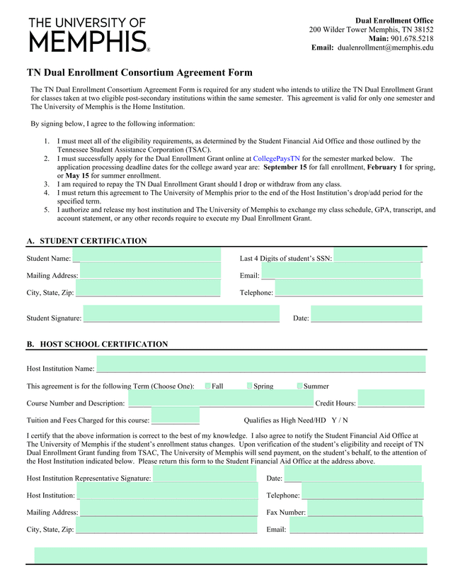 TN Dual Enrollment Consortium Agreement Form screenshot