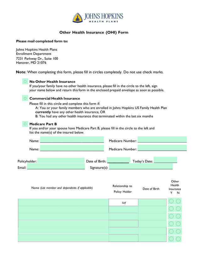 Other Health Insurance (OHI) Form screenshot