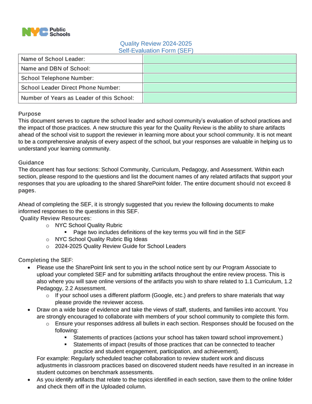 Quality Review 2024 2025 Self Evaluation Form (SEF) screenshot