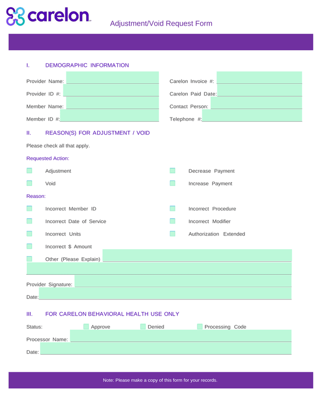 AdjustmentVoid Request Form screenshot