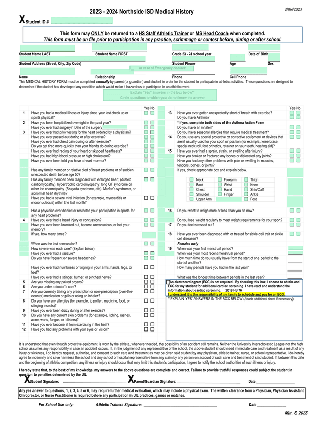 2023   2024 Northside ISD Medical History screenshot