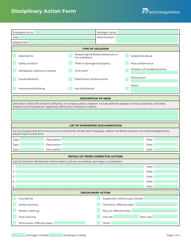 Disciplinary Action Form screenshot