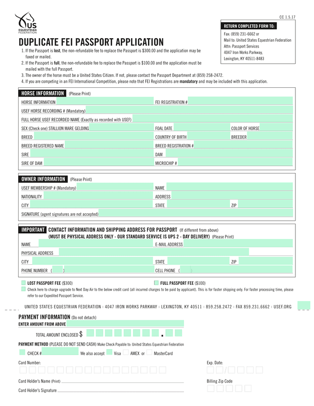 United States Equestrian Federation Horse Passport Application screenshot