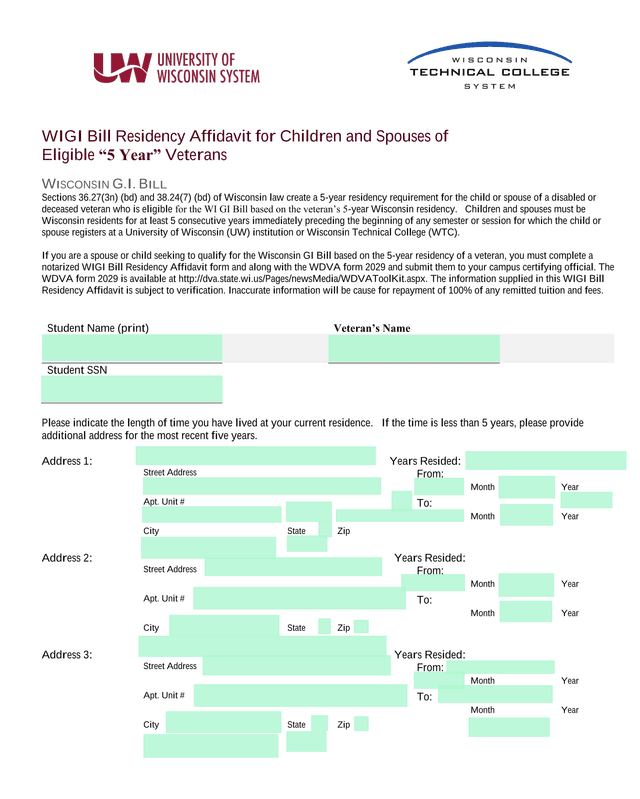 WIGI Bill Residency Affidavit For Children And Spouses Of Eligible 5 Year Veterans screenshot